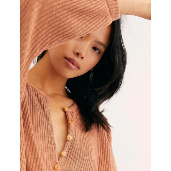 Free People Beach Blossom mini Dress Henley ribbed boho cottage core peach Sz S - Picture 5 of 10